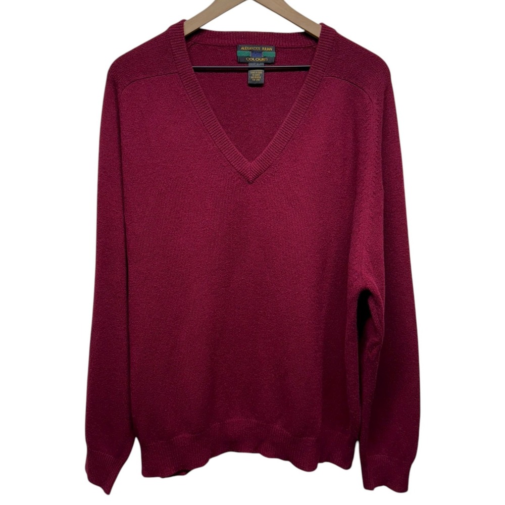Vtg Alexander Julian 100% Cashmere V-Neck Pullover Sweater Mens Sz L Red Preppy